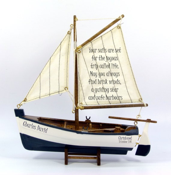 Personalised christening or baptism gift small model sail