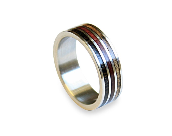 Titanium ring with three types of wood inlay
