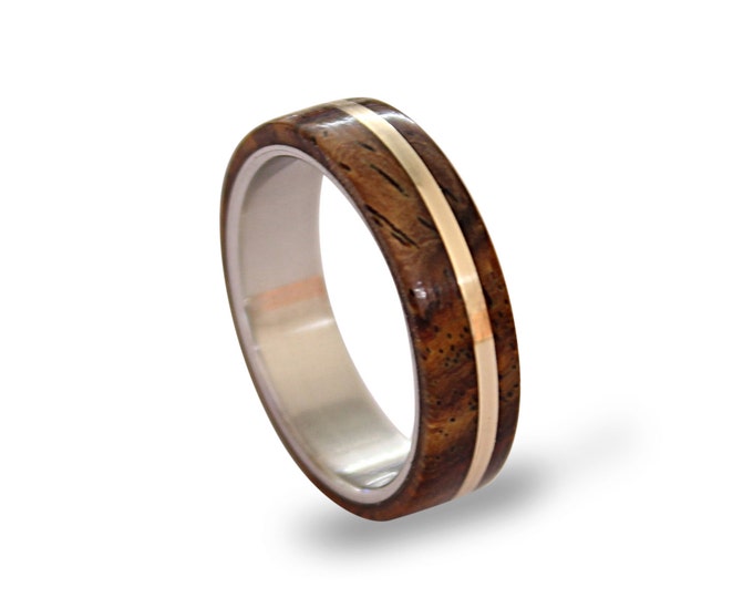 Women's titanium ring with cocobolo wood and bronze pinstripe