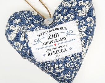 Personalised 2nd Second Wedding Anniversary Gift. Cotton Wedding Anniversary Gift. Personalized Heart Decoration. Gift Boxed.
