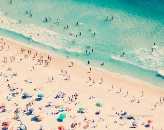 Beach photography, aerial beach print, large beach decor, people umbrellas beach fine art print, sea photo, wall decor, home decor, wall art