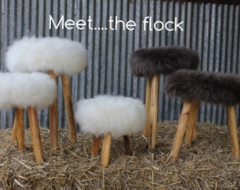 Sheepskin Wood Milking Stool Cream Grey Chocolate With A Dorset Story