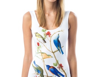 Blue Birds - Digital Printed One Piece Swimsuit /Classic Cut/ Birds/Nature/Beachwear/White/Trendy/Comfortable/Eye-catching/Elegant/Bright