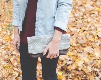 Waxed canvas clutch purse / gray arrow print / waxed canvas purse / Fold Over Clutch / waxed canvas bag / bridesmaid gift