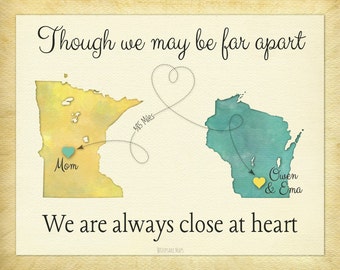 Birthday Gift for Grandma, Custom Gift for Grandparents, Long Distance Map Print, Always Close at Heart Quote, Two-State Map Print (5a)