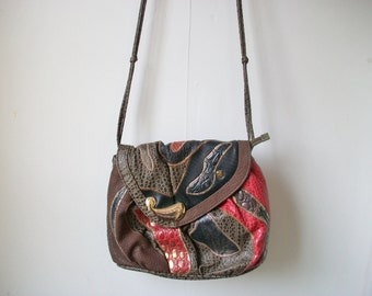 Alentino Patchwork Purse, Vintage Animal Print Paisley Patchwork Shoulder Bag w/ Knotted Strap, Crossbody Bag