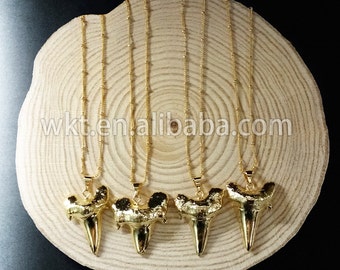 WT-N486 Wholesale Full gold electroplated lovely shark teeth necklace, Fashion tiny ball bead chain shark tooth necklace