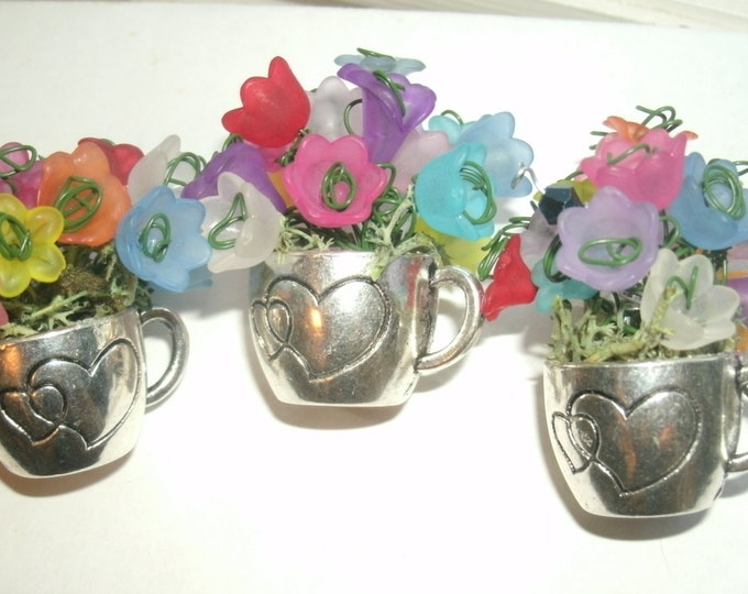 Miniature Cup of flowers, Custom Made gift - 1 1/2" silver metal cup, lucite flowers, made to order, price is for one, a one of a kind gift
