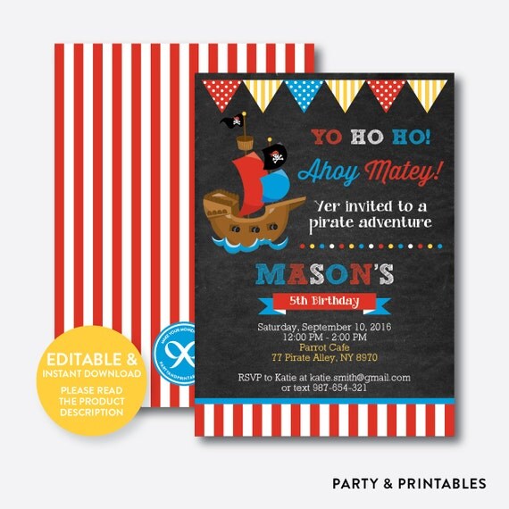 Instant Download, Editable Pirate Ship Birthday Invitation, Pirate Invitation, Pirate Party Invitation, Pirate Boy, Chalkboard (CKB.52) Il_570xn