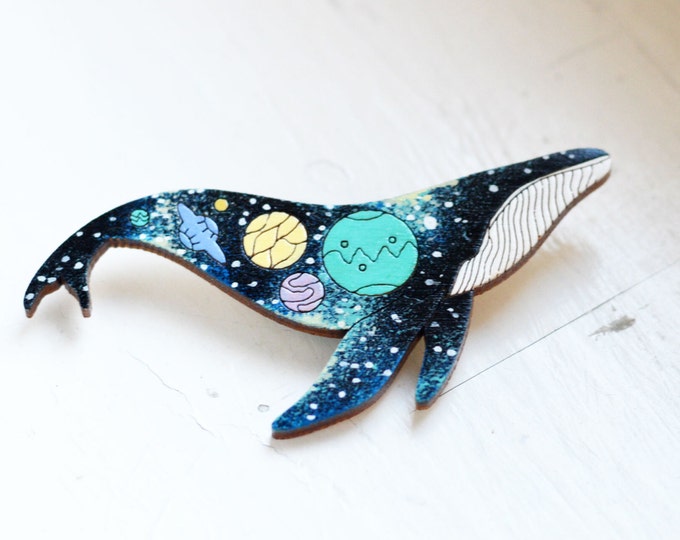 Space Whale // Wooden brooch is covered with ECO paint // Laser Cut // Best Trends // Fresh Gifts // Swag Boho Style // Sea Galaxy //