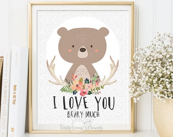 Valentines print I love you beary much Woodland Nursery wall art Printable bear Wall art Decor illustration decoration quotes ID114-119