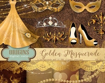 Gold Masquerade clipart, Carnival masks, Carnivale clip art, fairy lights lace digital scrapbooking kit, string lights, pearls and lace