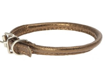 Dog Collar Leather Rolled Round Bronze Color XXXS XXS XS S M Sizes Soft Padded Long Haired Dog Breeds Pet Show Glamour Fashion Mini Dogs Cat
