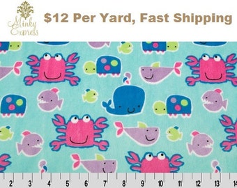 Minky Fabric By the Yard. Go Fish Cuddle Saltwater fuchsia Sealife Crabs Whale Turtle Fish Minky at Wholesale Prices