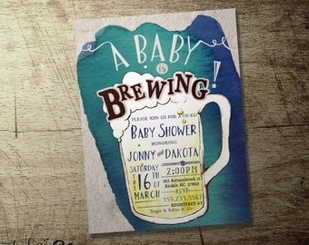 A baby is brewing invitation, beer baby shower invitations, Coed , blue or pink, Co-ed beer theme baby shower, High quality printable file