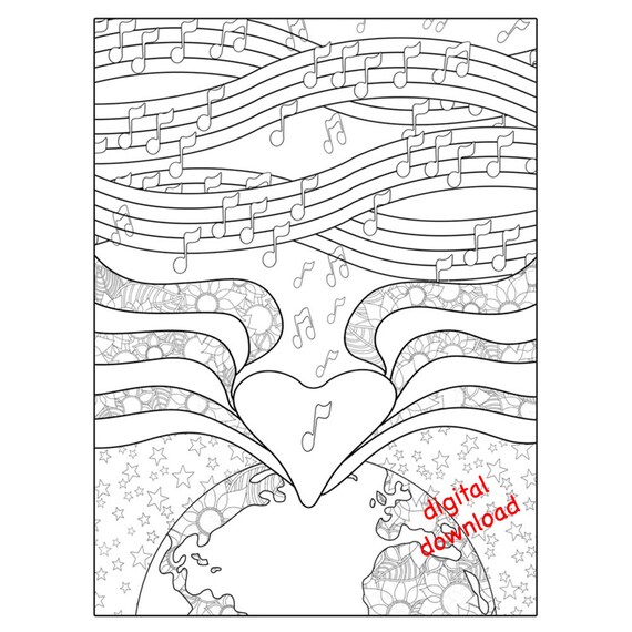 Printable Adult Coloring Page Digital Download Heart Song