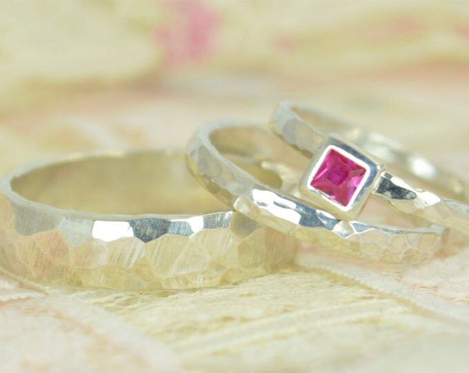 Square Ruby Engagement Ring, Sterling Silver, Ruby Wedding Ring Set, Rustic Wedding Ring Set, July Birthstone, Sterling Silver Ruby