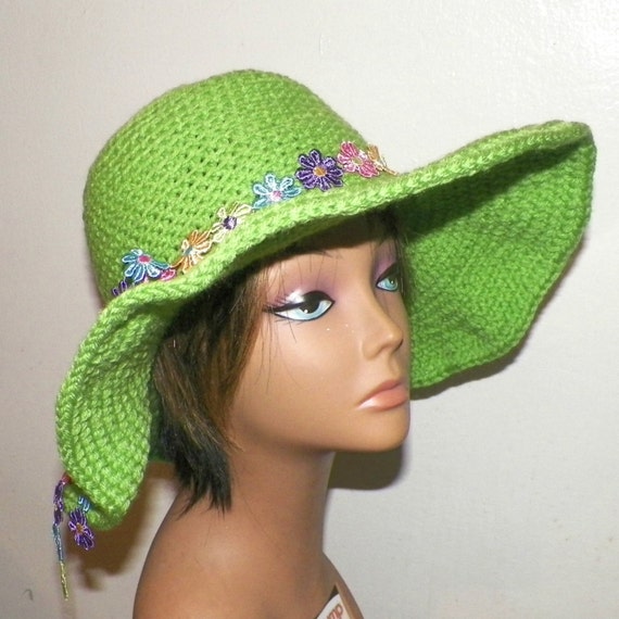 Green Sun Hat Summer Sunhat Brown Wide Brimmed Garden Hippie