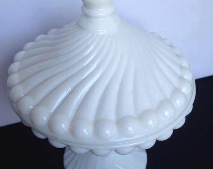 Storewide 25% Off SALE Vintage Westmoreland White Milk Glass Lidded Candy Dish Featuring Beautiful Swirling Design