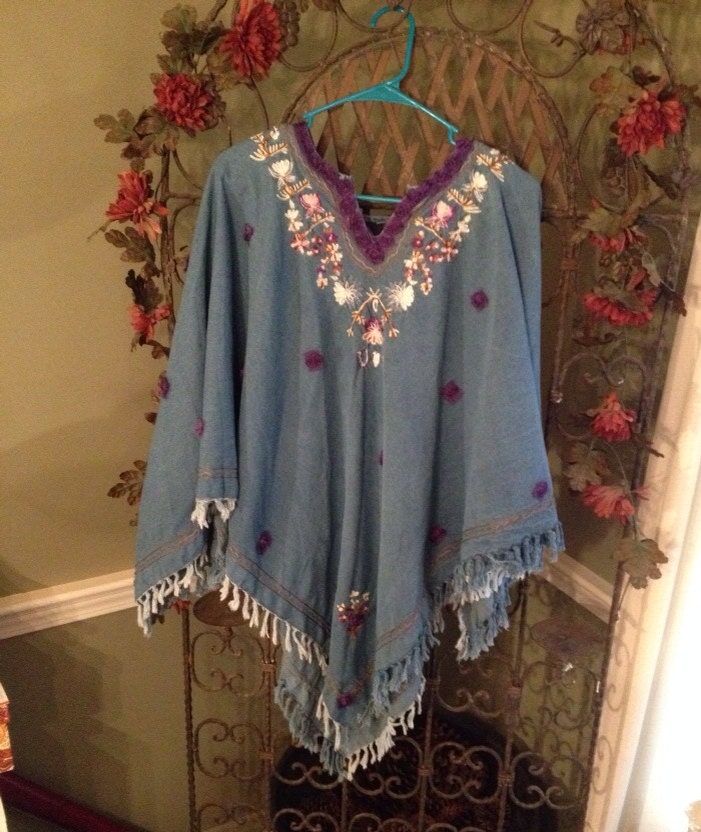 Denim Fringed Embroidered Poncho With Purple Flowers Jean