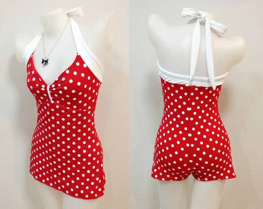 Vtg Bettie Swimsuit in Red Polka Dot Vintage by beautychicshop