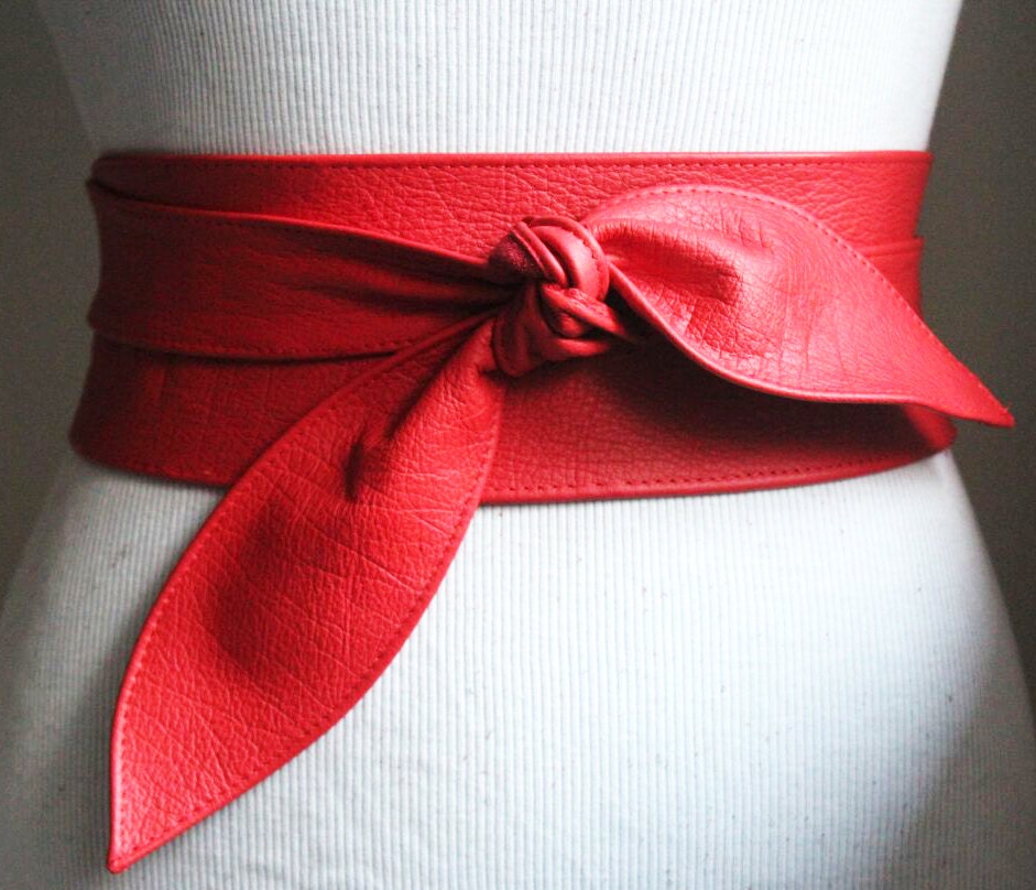 Bright Red Leather Obi Tulip Tie Belt Waist Corset by LoveYaaYaa