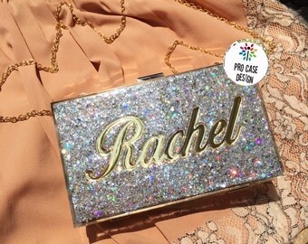 Glitter Silver Clutch Bag, Silver Bag, midnight bag, bling bling, Clutch, Clutch Bag, Acrylic Box Clutch,glitter clutch,monogram clutch