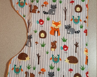 Forest Friends Contoured Minky Burp Cloth / Baby Boy Girl Shower Gift / Woodland Creatures Owl Fox Hedgehog Raccoon / Orange Grey