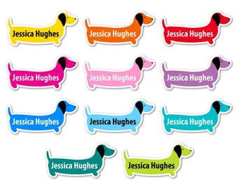 45 Personalised Sausage Dog Shaped Waterproof Vinyl Stick On School Name Labels - Dishwasher and Microwave Safe