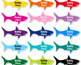 45 Personalised Shark Shaped Waterproof Vinyl Stick On School Name Labels - Dishwasher and Microwave Safe