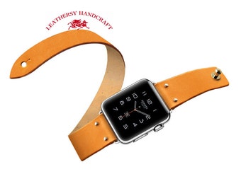 Double tour Apple watch Strap, Original color Vegetable tanned leather watch strap bracelet in Minimalist & Zen style