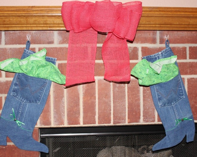 HALF PRICE ** Texas Cowboy Boot Christmas Stockings made from Upcycled Wrangler Blue Jeans and Green Bandana Matched Pair