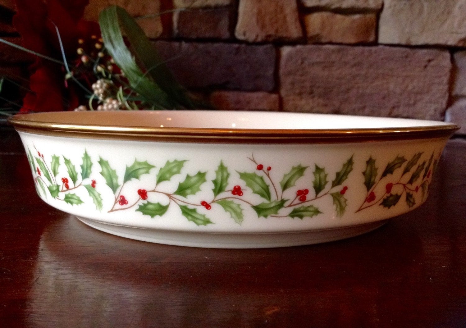 Lenox Holiday Holly Berry Bowl W/Gold Trim