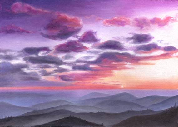 ORIGINAL Oil Painting Violet Purple Sunset Sky by Emily