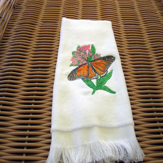 Monarch Butterfly Fingertip Guest Towel Embroidery Handmade