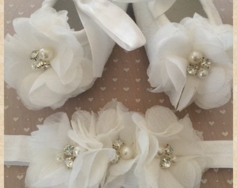 Ivory Rhinestone/Pearl baby shoes/headband, baby/infant Ivory shoes, baptism shoes, christening shoes, newborn gift, baby gift