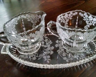 radiance crystal etched depression glass sugar creamer and tray