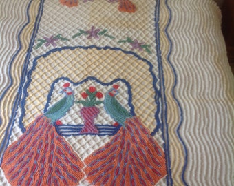Double Peacock Chenille Bedspread Vintage