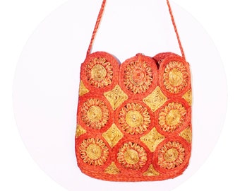 70's Orange and Yellow Flower Woven Bag