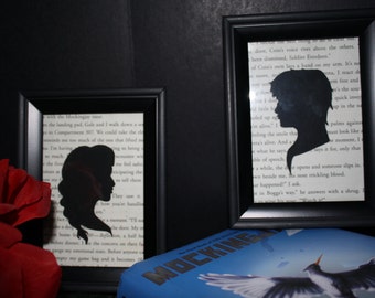 3x5 Katniss and Peeta Hand-Painted Silhouette Mockingjay Upcycled Wall Art Pair