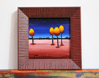 Stocking Stuffer Miniature Yellow, Orange, and Red Tree Painting, Small Red Framed Tree Original Wall Art