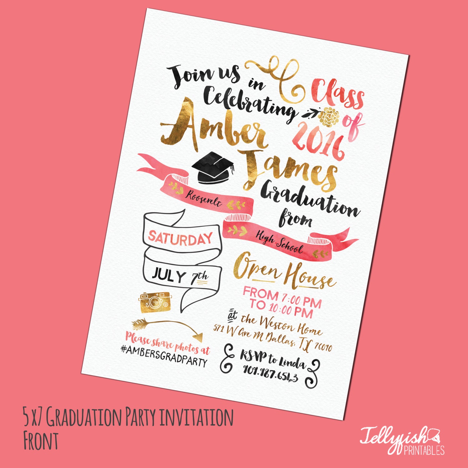 Unique Graduation Party Invitation. Customized for you Gold