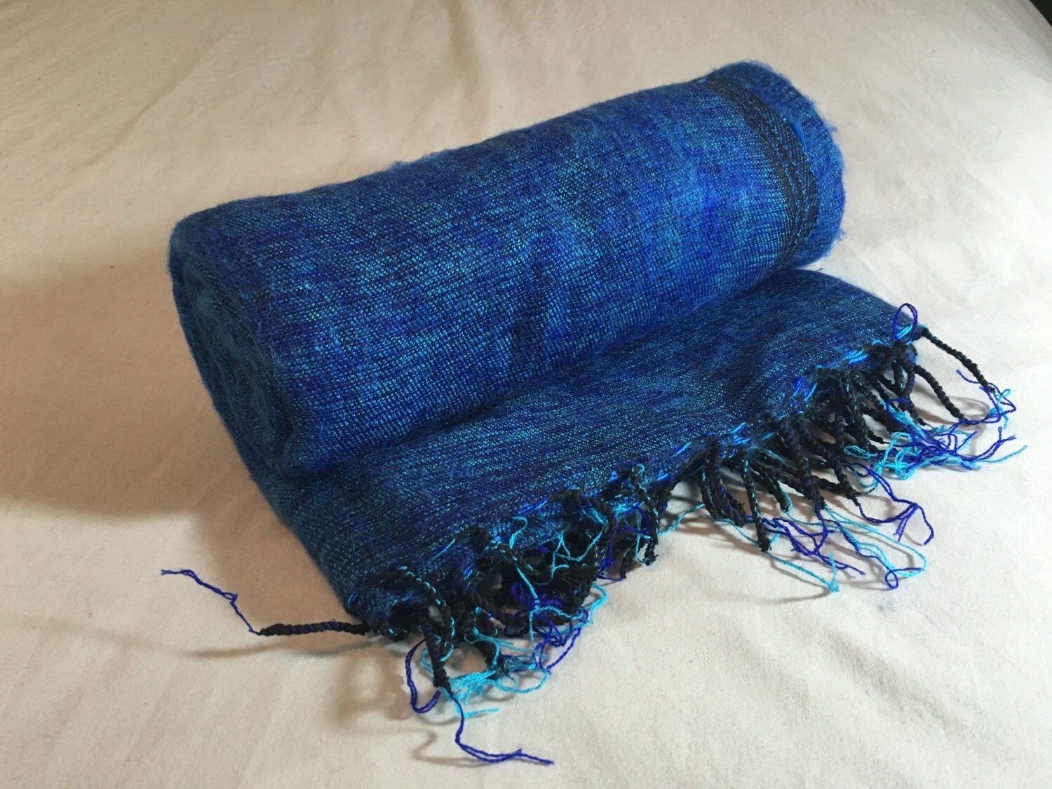 Nepalese HandLoomed Yak Wool BlanketThrowShawl Blue/Teal