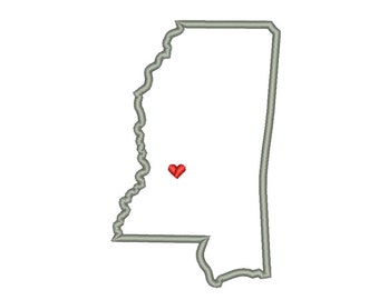 Mississippi State Outline Appliqué Designs Machine Applique Embroidery Designs US State Heart 9 Size - INSTANT DOWNLOAD