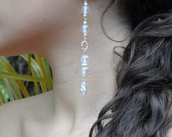 Long Dangle Earrings in Faceted Clear Zirconia and Sterling Silver (925)