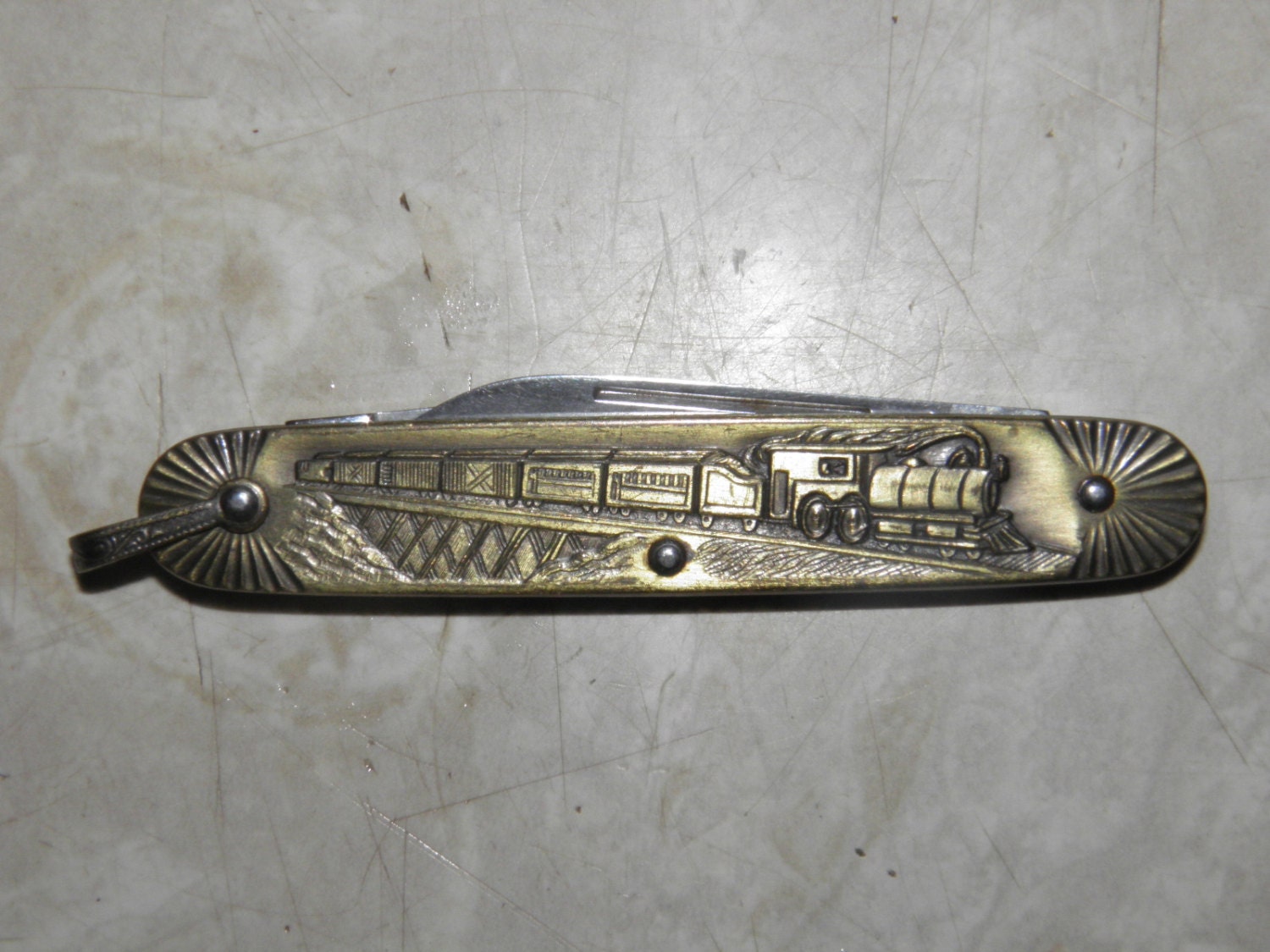 Imperial Brass Train Engraved Pocket Knife