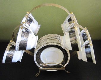 Sale 30 off **Vintage Ucagco China Cups and Saucers Black & Gold Demitasse on a Metal Stand