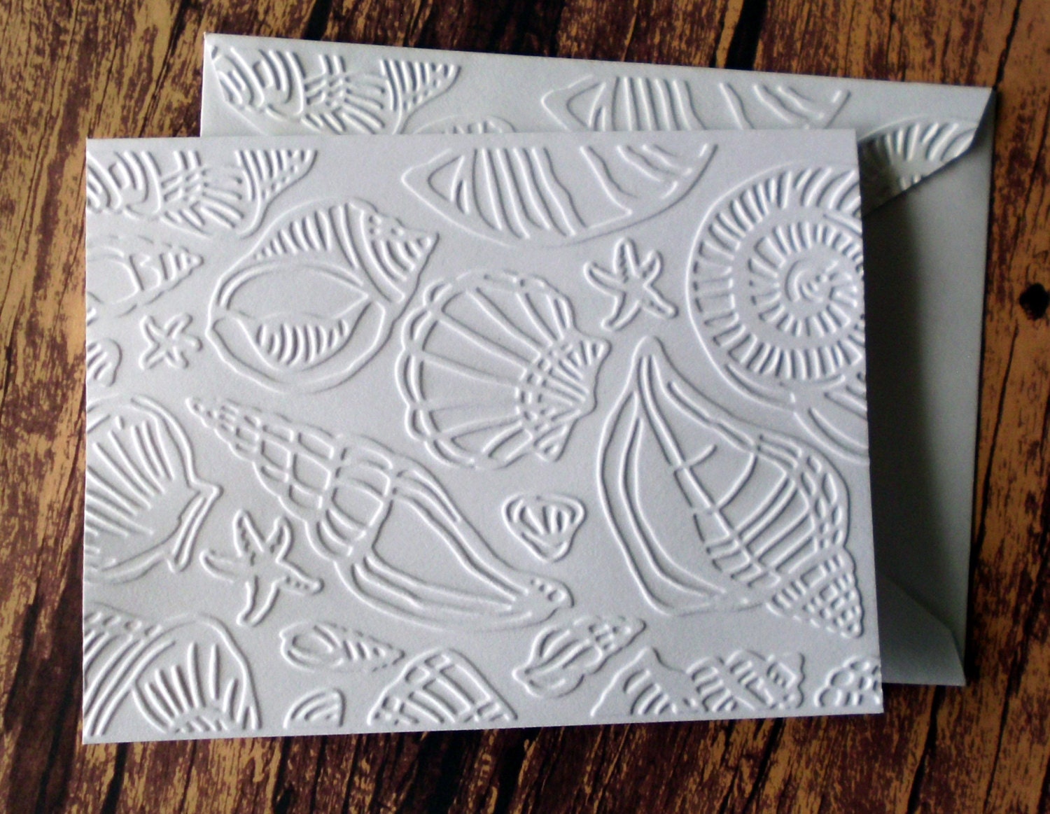 Seashell Cards Set of 5 Beach Themed Cards White Embossed