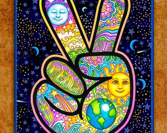 Tapestry, Dan Morris Peace Hand Hippie Tapestry Wall Hanging 28"x42" or 36"x54" inches by Artist Dan Morris
