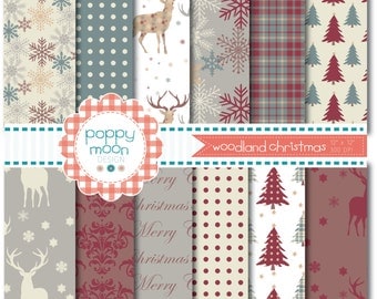 Woodland christmas deers and trees, printable digital paper pack